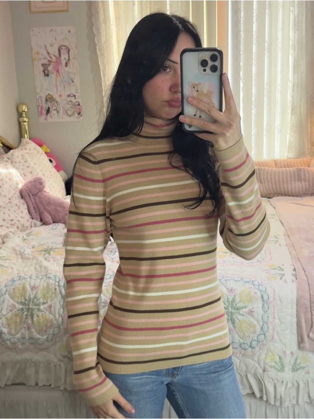Y2K Striped Beige Pink Green Turtleneck Sweater